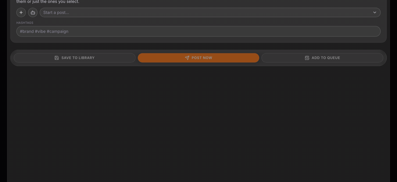 The Monsterload composer: a New Post that auto-detects the post type and tailors it per platform, with Save to Library, Post Now, and Add to Queue actions.