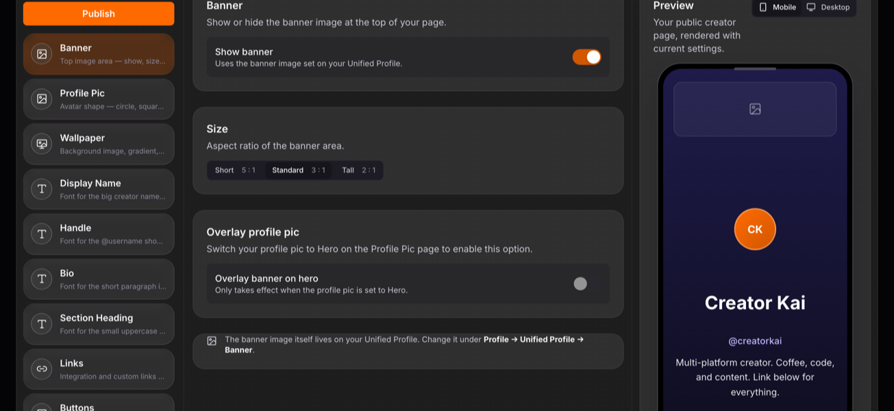 The Creator Page builder: a two-pane link-in-bio editor with banner, profile pic, links, and layout controls on the left and a live phone preview on the right.