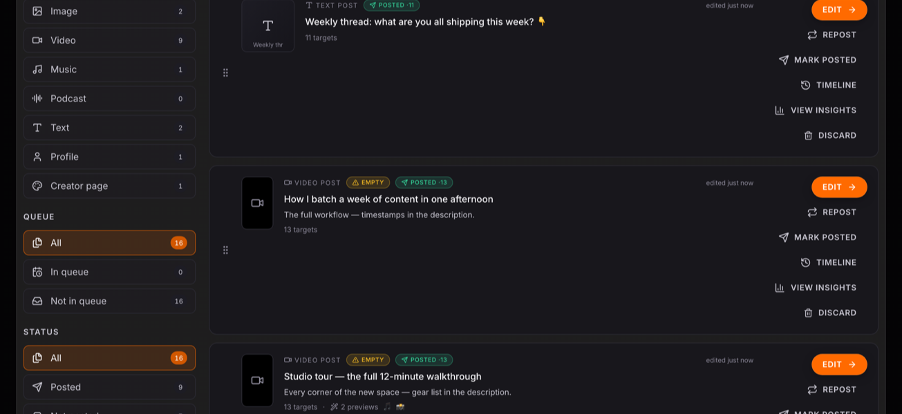 The content library: category sidebar with counts beside a list of posts showing type, status, target count, and quick actions like Edit, Repost, and View Insights.