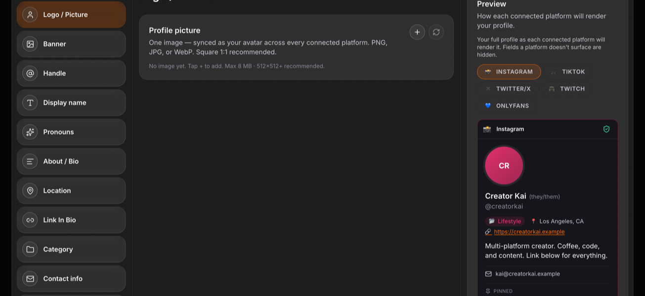The Unified Profile editor: a field list on the left, the field being edited in the center, and a live per-platform preview on the right showing how Instagram renders the profile.